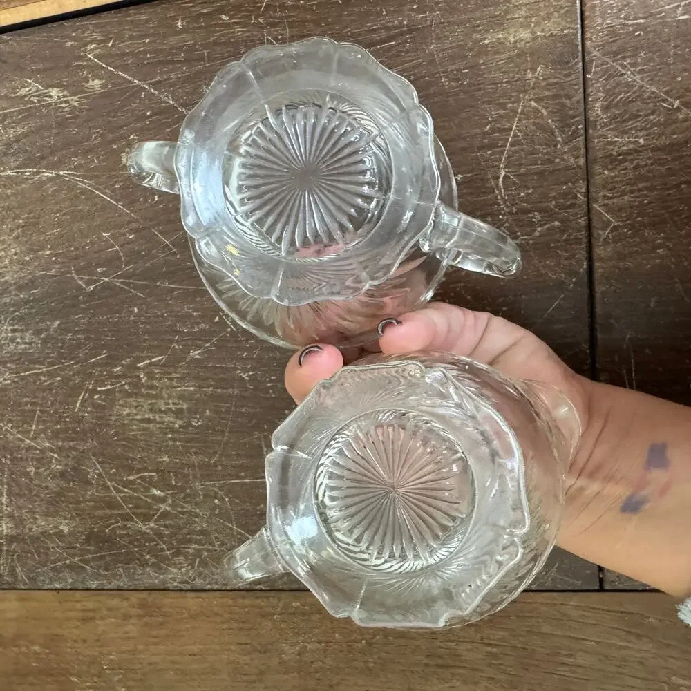 Vintage Jeanette Sunburst Pressed Clear Glass‎ open Sugar and Creamer Set
